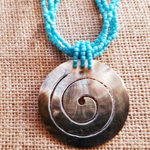 Blue Beaded Abalone Shell  Modern Abstract Necklace - Picture 3 of 4